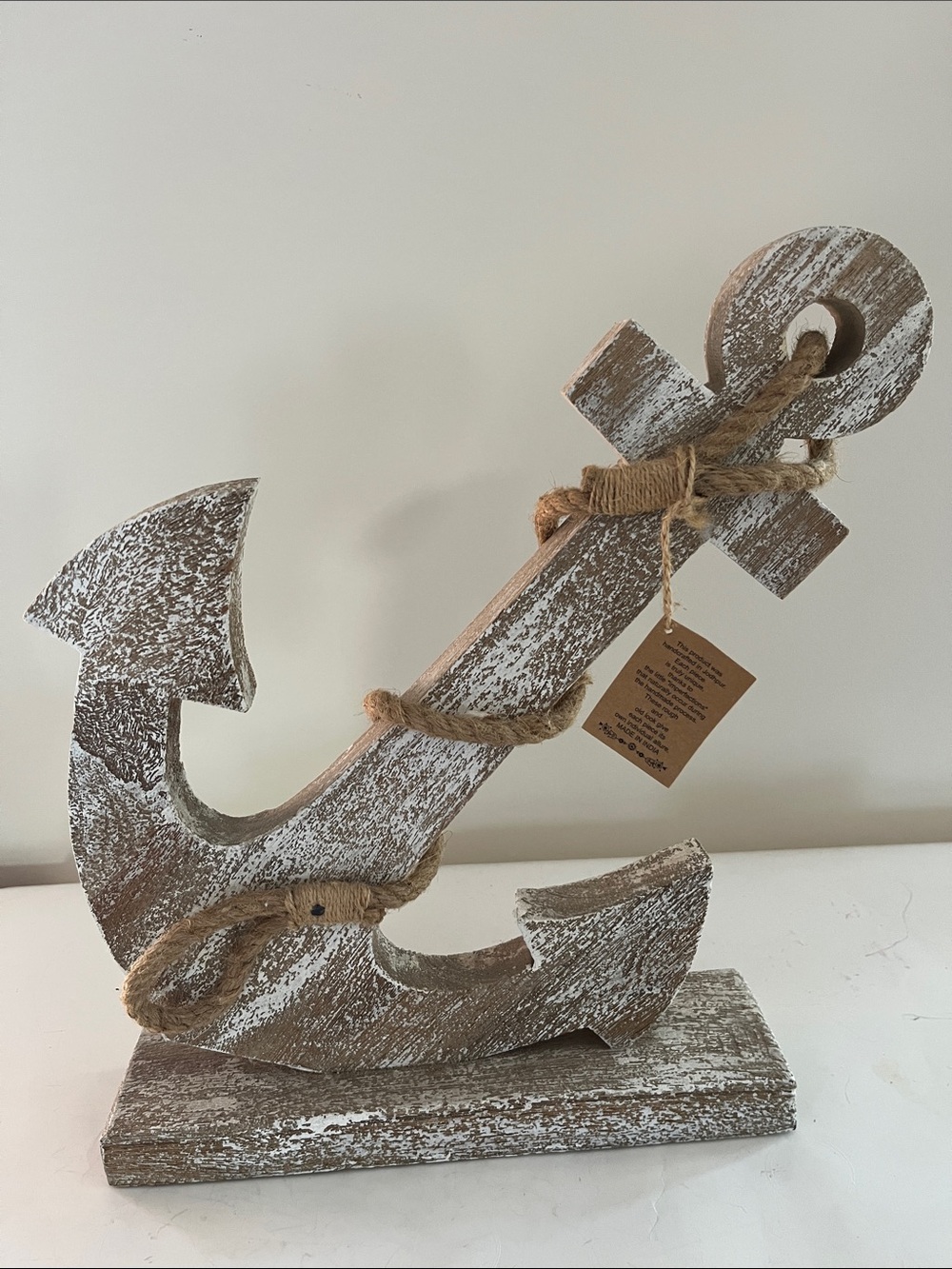 Rustic Whitewashed Anchor Table Decor - Nautical Accent